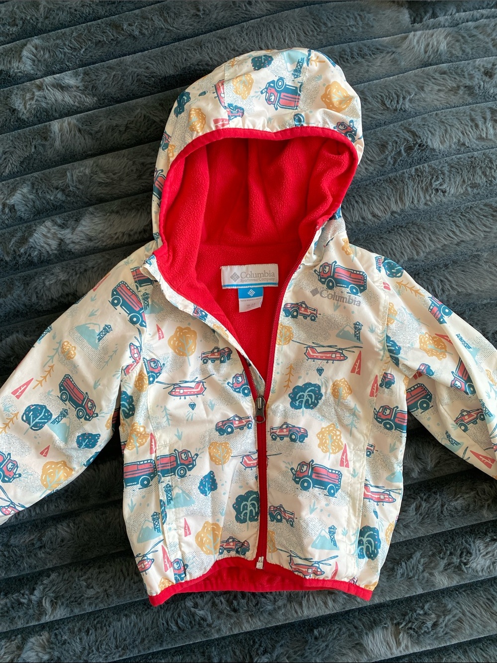 Columbia Red-Lined Cream Kids Hooded Jacket with Vehicle Print